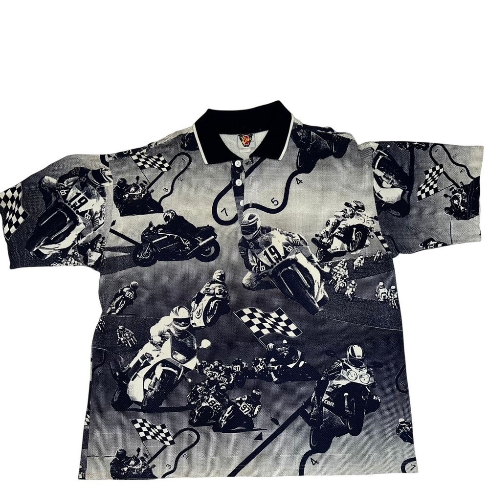 Vintage Raw USA Motorcycle Racing Polo Shirt Mens Large All‎ Over Print 90s USA
